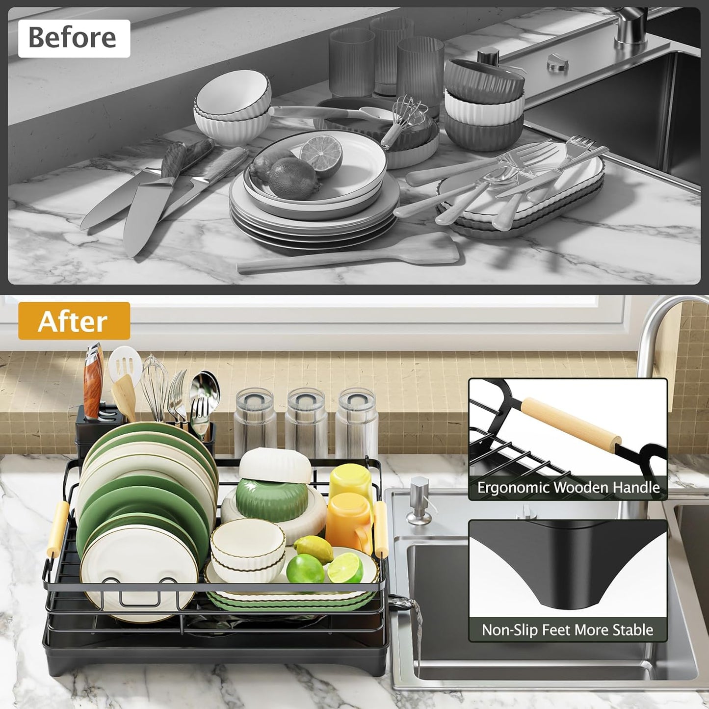 Epicano Dish Drying Rack for Kitchen Counter - Large Capacity Dish Rack with Wooden Handle,Cup Holder & Knife Slots, Rustproof Dish Drainer with Auto-Drainage System, Kitchen Sink Organizer, Black