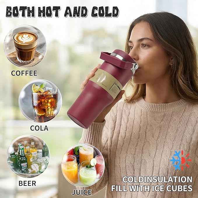 30oz Flip Straw Insulated Water Bottle with Handle, Leak Proof Stainless Steel Travel Tumbler With Lid, Double Wall Vacuum Iced Coffee Travel Mug, Sport Cup, Outside use