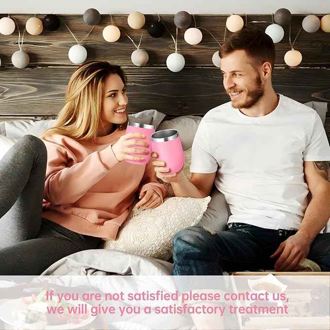 Volhoply 12oz Stainless Steel Wine Tumbler with Lid Bulk 4 Pack,Double Wall Vacuum Stemless Wine Glasses,Reusable Metal Travel Coffe Mug with Straw,Insulated Cup Gifts for Women,Christmas（Pink,4 Set）