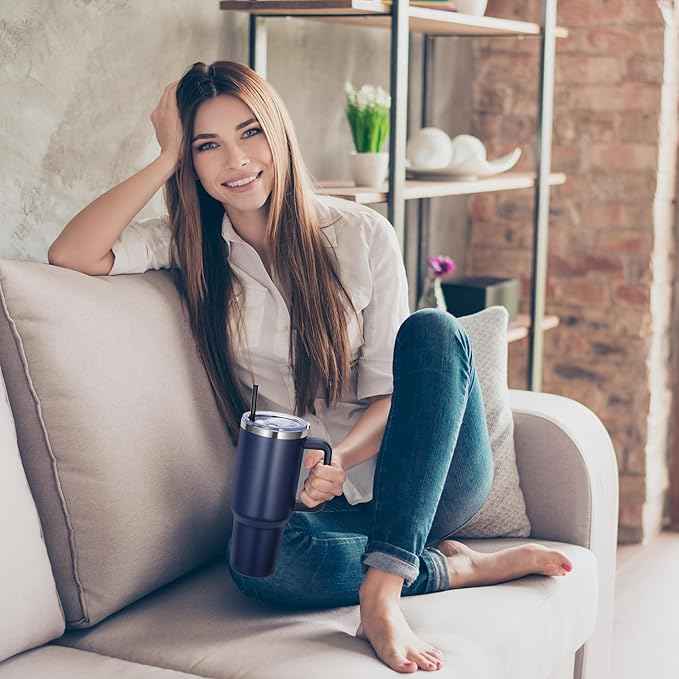 DOMICARE 40 oz Tumbler with Handle and Straw, Stainless Steel Tumbler with Lid and Straw, Reusable Vacuum Insulated Cup, Travel Coffee Mug, Navy Blue, 1Pack
