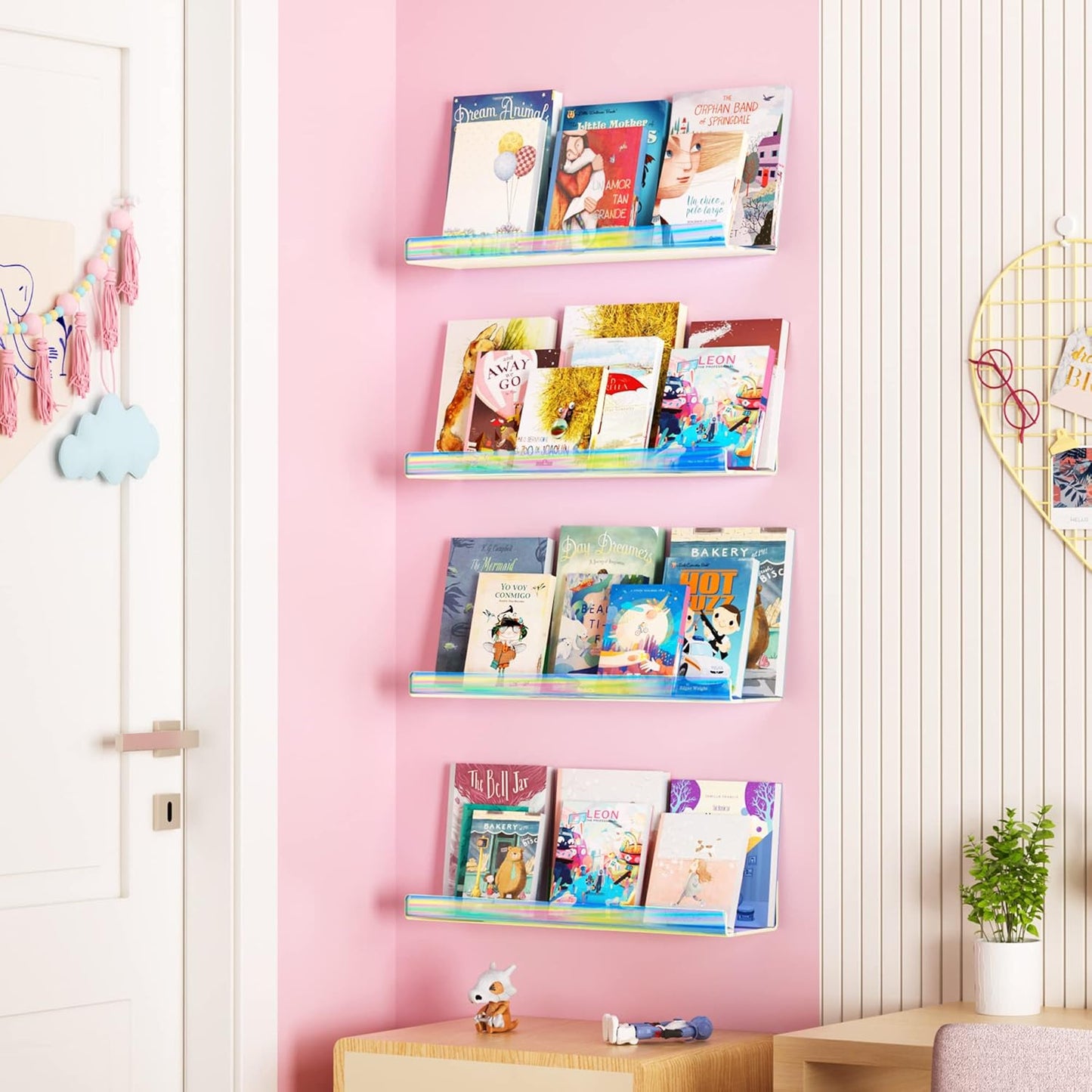 upsimples Acrylic Shelves for Wall Decor, 15" Display Shelf for Perfume, Skincare, Nail Polish, Wall Organizer for Bathroom, Bedroom, Living Room, Playroom, Kids Bookshelf, Iridescent, 4 Pack