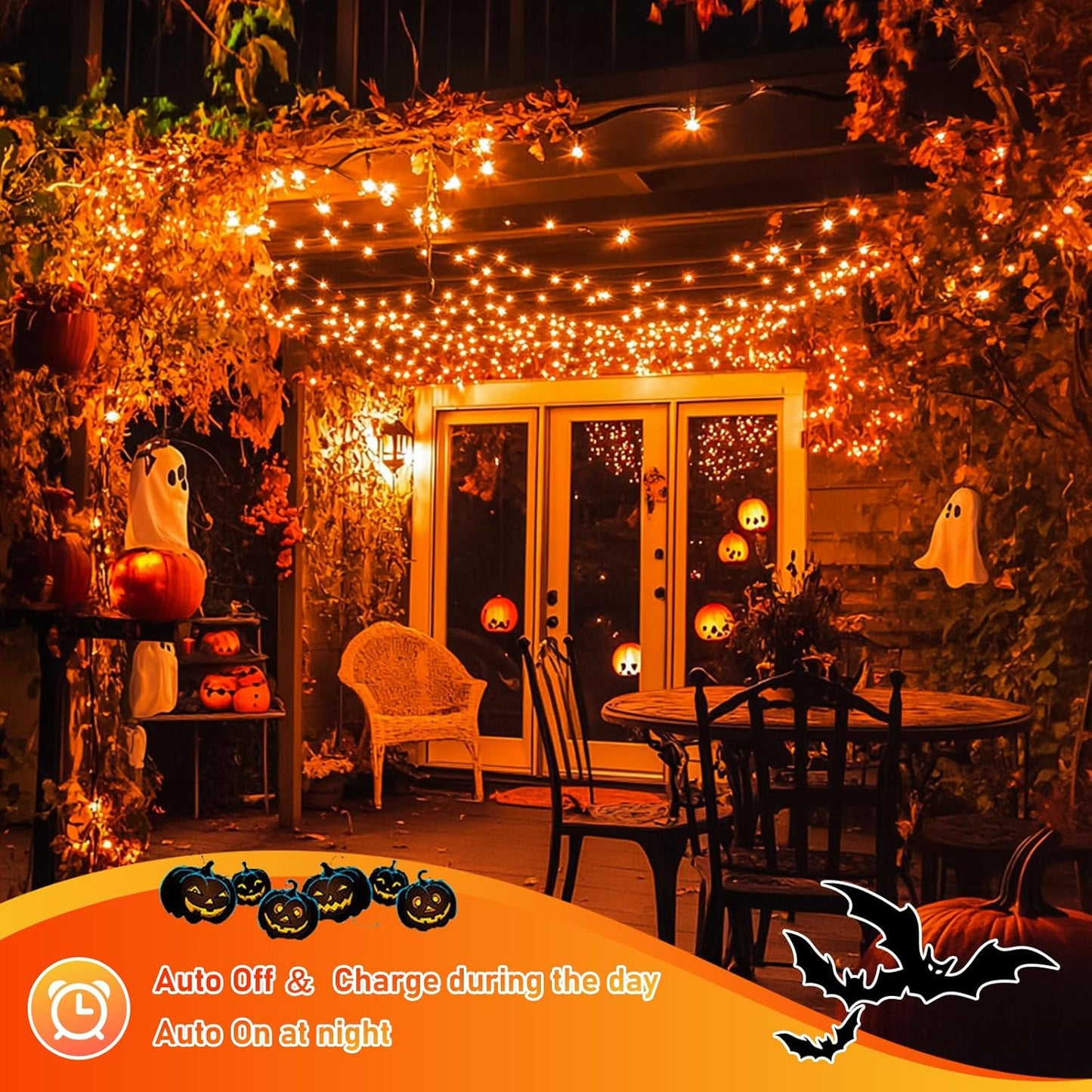 JMEXSUSS 4 Pack Solar Halloween Lights, Total 400 LED 132 FT Orange Solar Lights Outdoor Waterproof, 8 Modes Copper Wire Solar Fairy String Lights for Garden Yard Tree Halloween Decor
