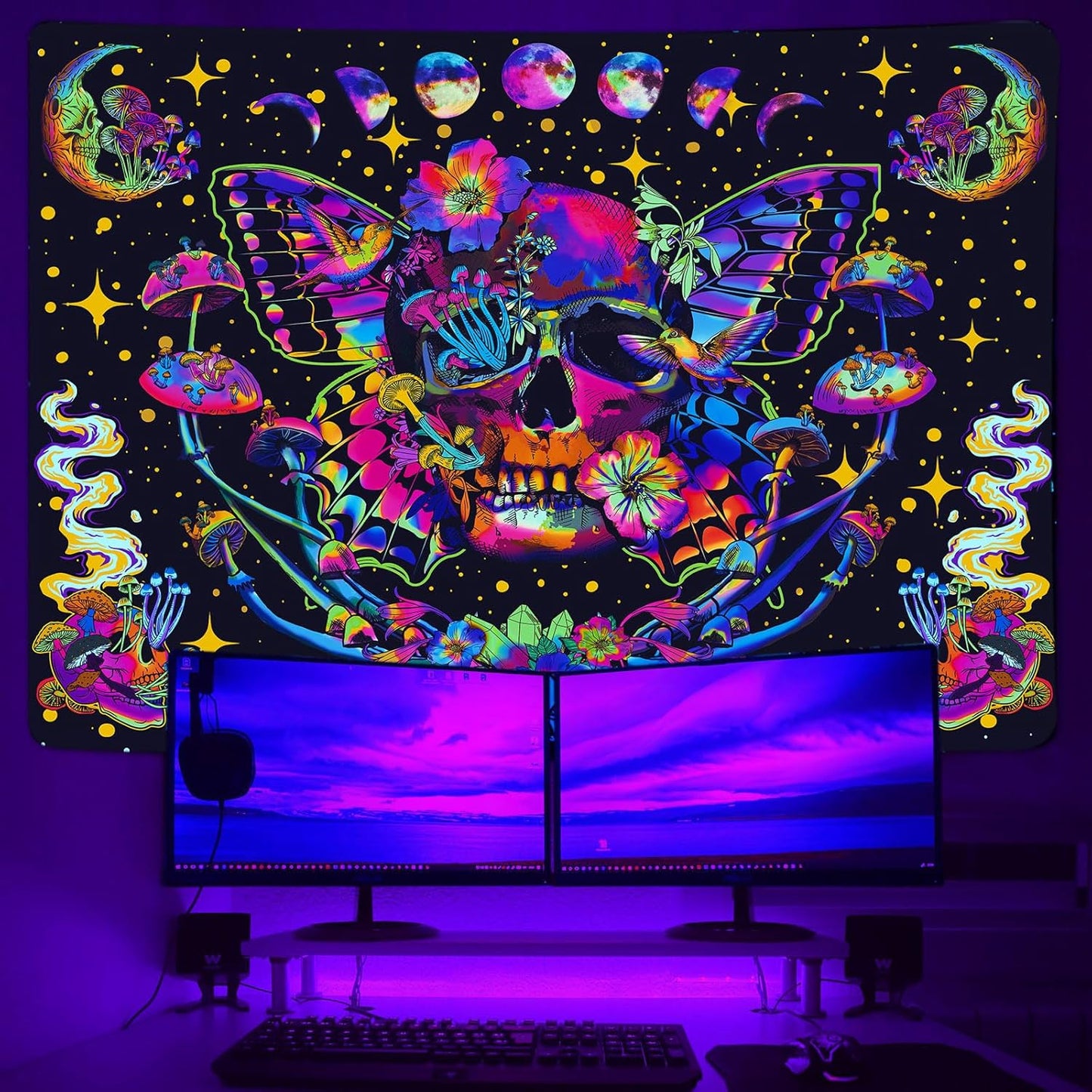 Xiaoput Blacklight Skull Tapestry for Bedroom & Living Room, UV Reactive Mushroom Butterfly & Moth Moon Flowers Tapestry, Hippie Skeleton Wall Hanging 70x60IN