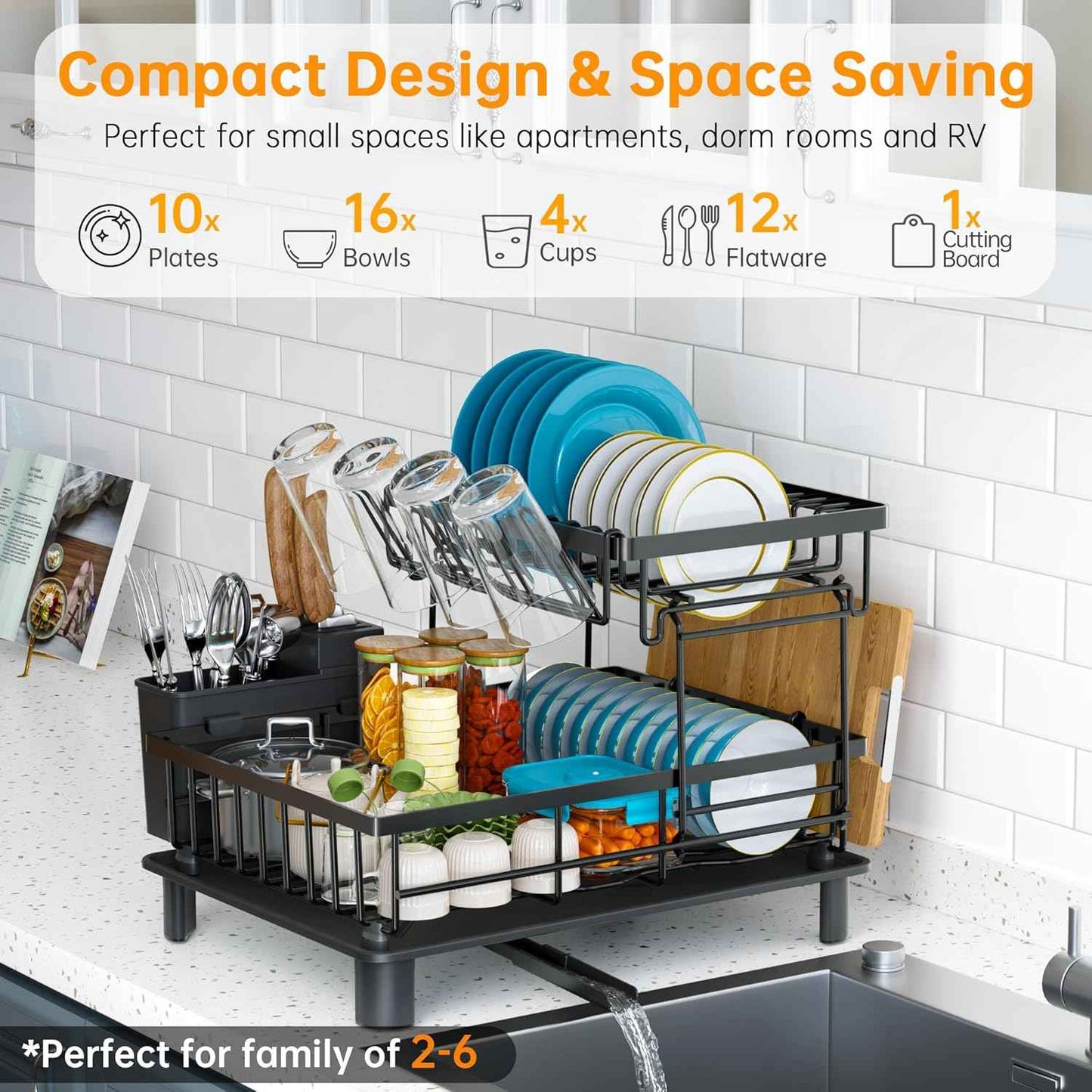 Dish Drying Rack, 2 Tier Dish Racks for Kitchen Counter, Compact Drying Rack Kitchen, Rust-Resistant Dish Drainer, Detachable Space-Saving Dish Rack with Drainboard, Utensil Holder, Black