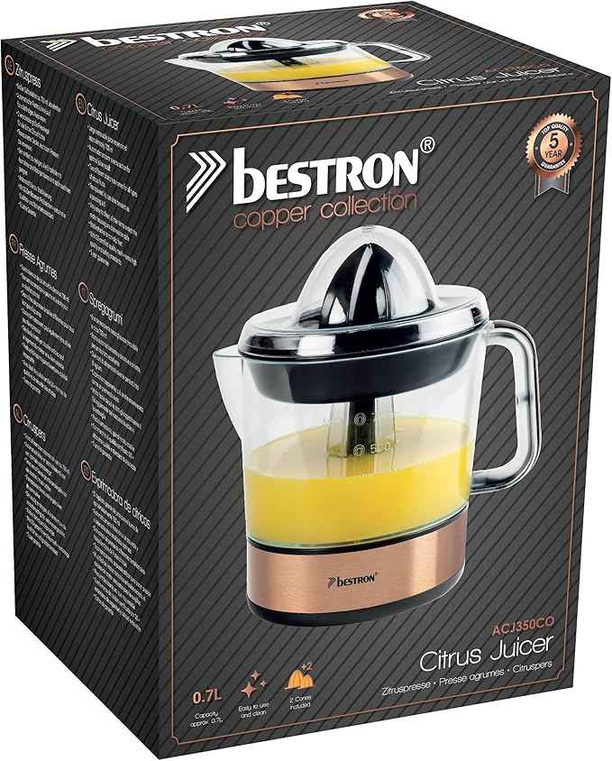 Bestron Juicer, electric citrus and orange juicer, incl. 2 juicer cones and aromatic lid, motor with two directions of rotation (left/right), capacity: 0.7 litres, 40 watts, covers