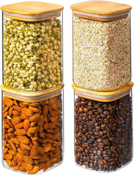 37oz 4PCS Glass Storage Containers with Lids, Glass Jars with Lids Pantry Food Storage Jars, Square Canister For Cookie, Nuts, Snack, Cereal, Candy, LeafTea, Coffee, Spice