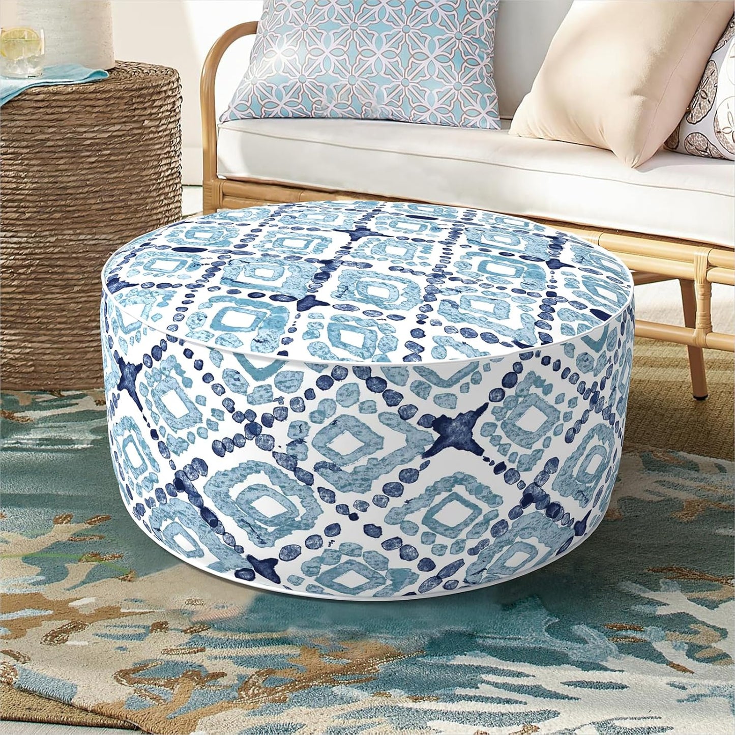 DYTXIII Inflatable Ottoman Stool D21 xH9 for Outdoor/Indoor Use, Water Repellent Patio Foot Rest with Portable Handle,Round Pouf Ottoman Suitable for Garden,Deck and Camping - Geometry Blue