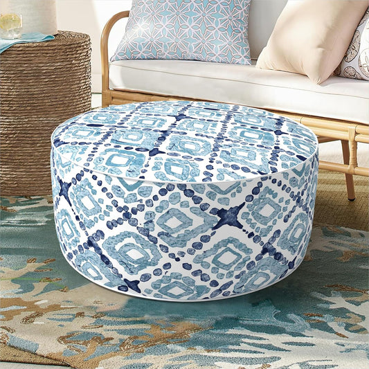 DYTXIII Inflatable Ottoman Stool D21 xH9 for Outdoor/Indoor Use, Water Repellent Patio Foot Rest with Portable Handle,Round Pouf Ottoman Suitable for Garden,Deck and Camping - Geometry Blue