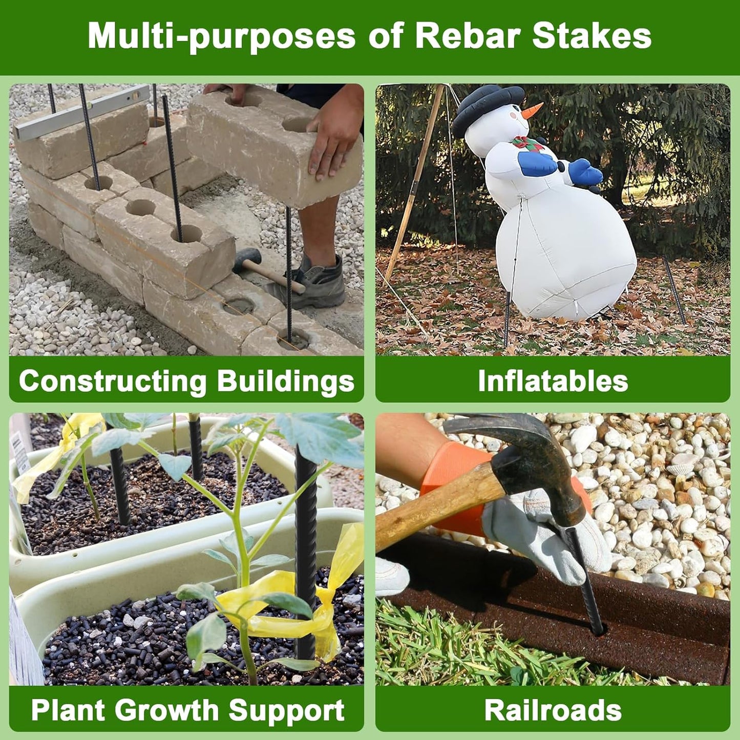 AAGUT 16 Inch Rebar Stakes Heavy Duty 16 Pack 3/8" Diameter Landscape Timber Spikes, Straight Stakes with Chisel Point End, Ground Anchors for Camping Tent, Garden Plant Support, Concrete, Black