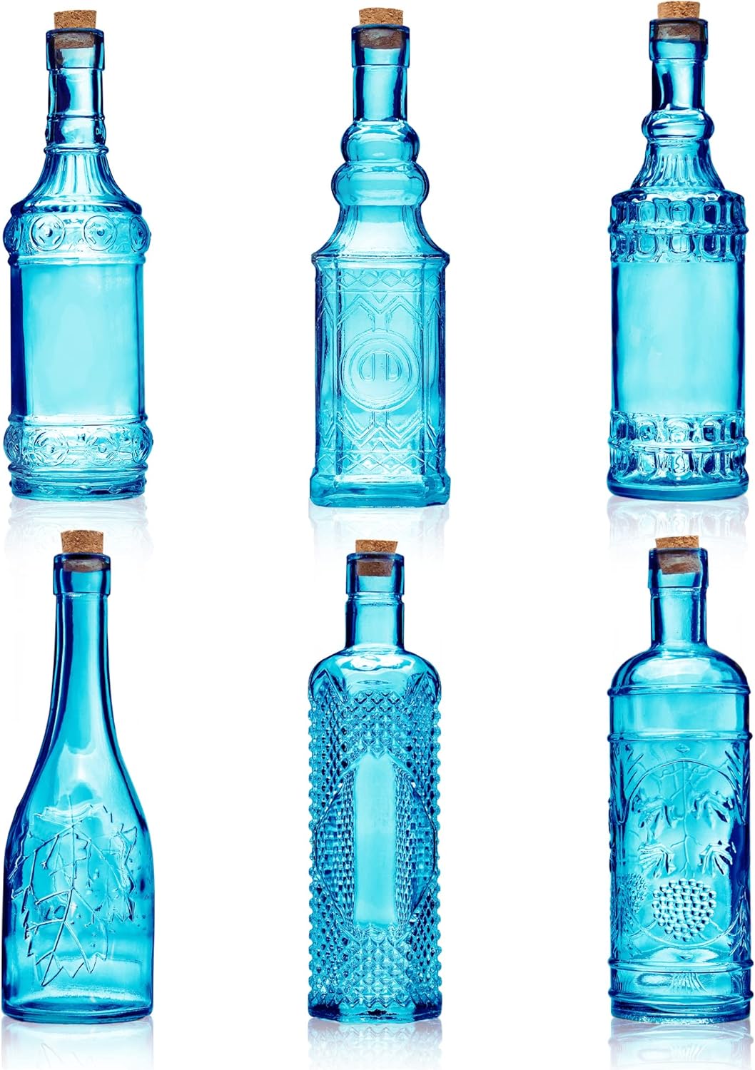 Assorted Blue Glass Bottles with Corks, 6 Pack, 2.5in X 9in, 16oz