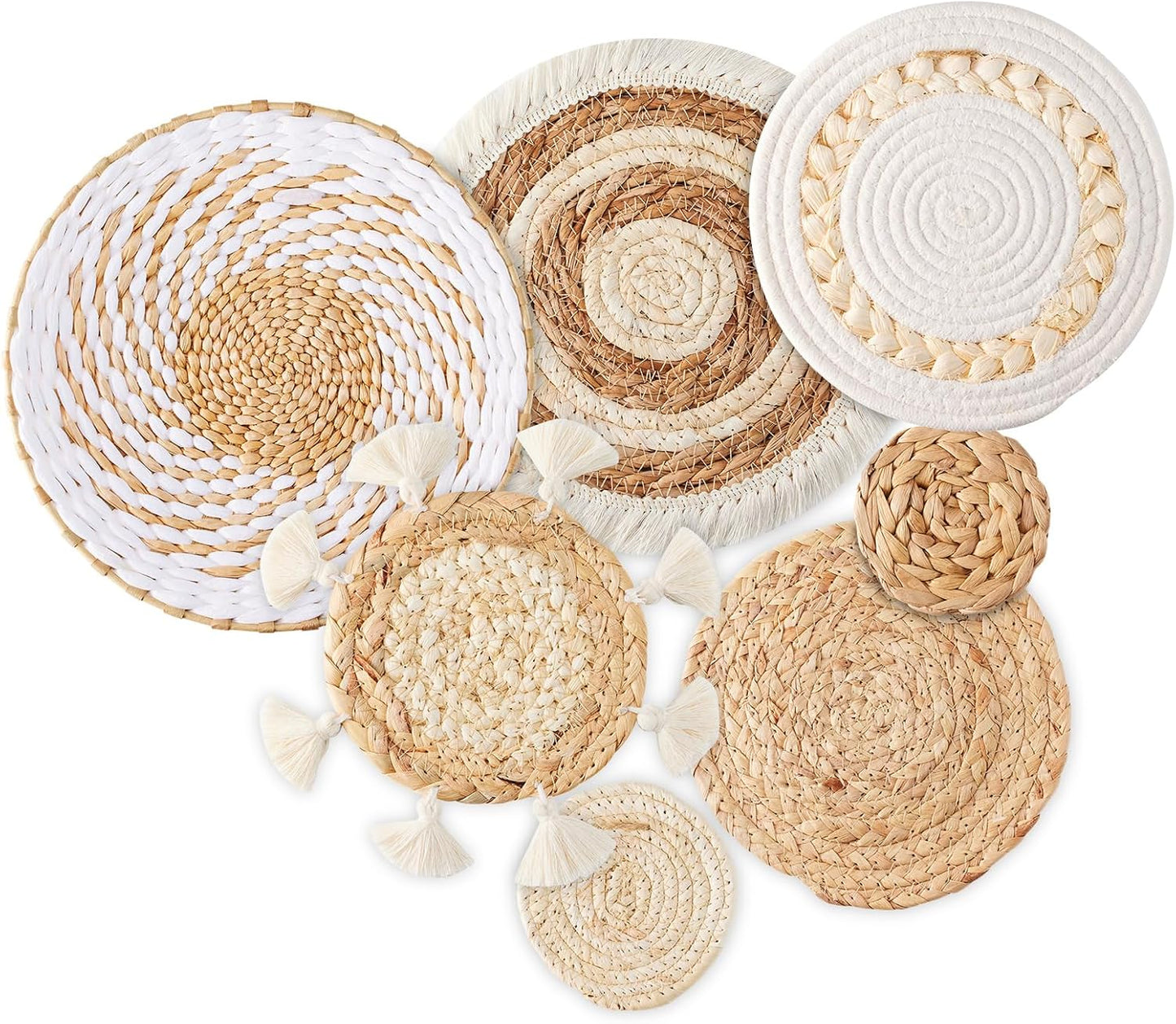 7 Pack Boho Wall Basket Decor - Seagrass Rattan Wicker Wall Decor Round Handmade Hanging Rustic Flat Elegant Wall Art for Farmhouse Living Rooms Bedrooms Display Table Settings Kitchen Home