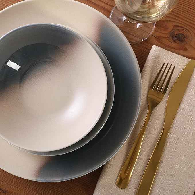 Gibson Elite Crescenton Plates and Bowls Sets, 12-Piece Blue Stoneware Dinnerware Sets, Round Reactive Glaze Dish Set