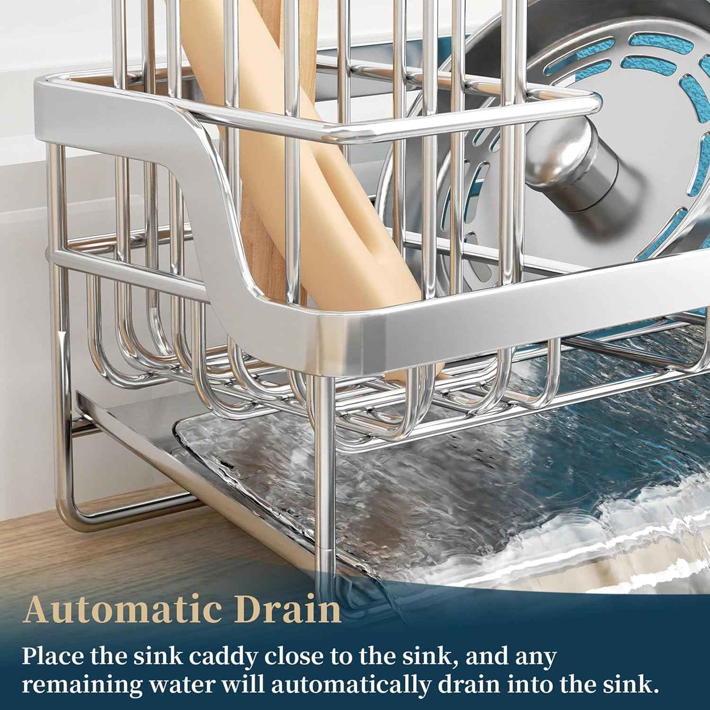 Consumest Sponge Holder for Kitchen Sink - Sink Caddy with Stainless Steel Self Drain Tray, Sink Organizer with High Brush Holder Countertop for Kitchen Sink Accessories, Silver
