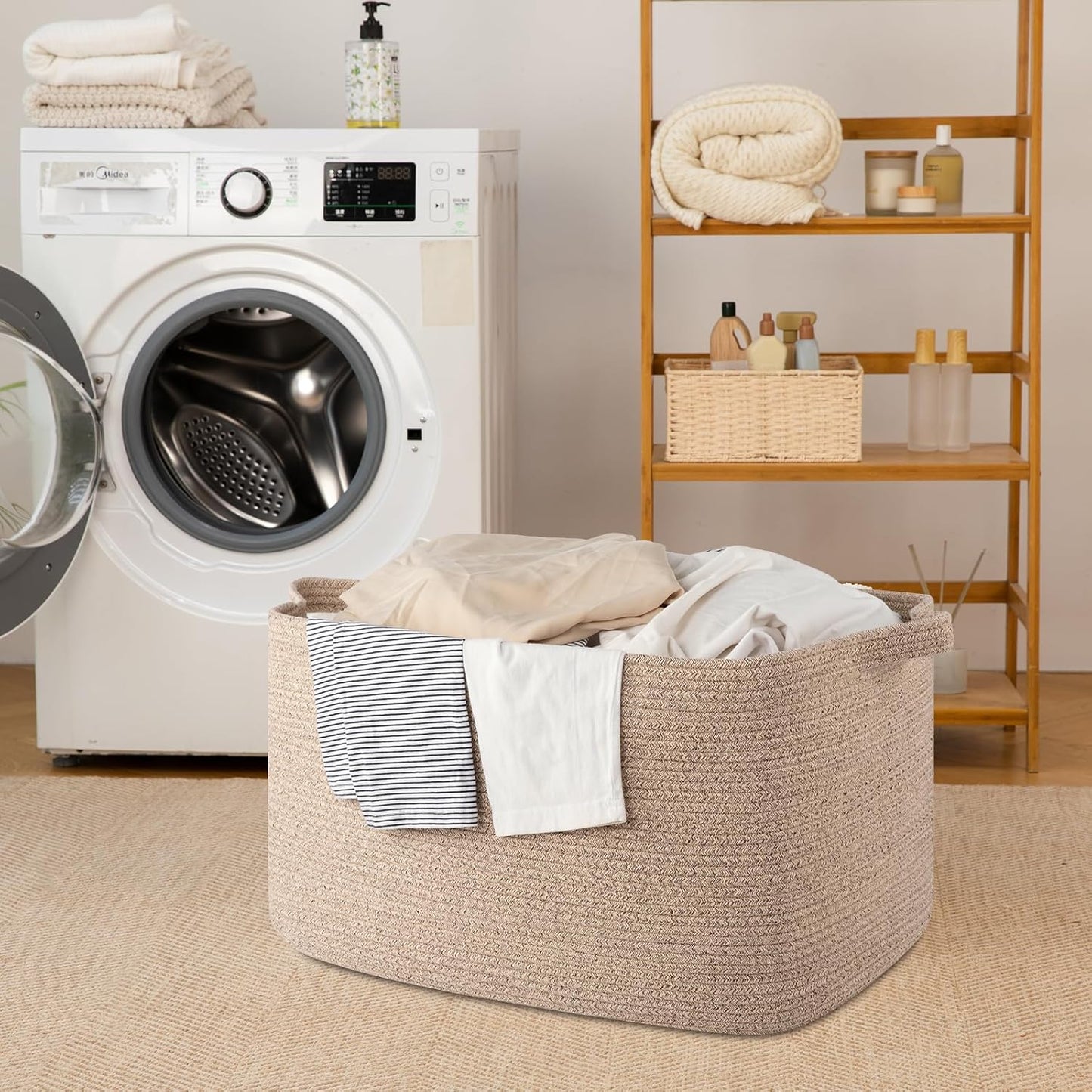 95L Cotton Rope Large Blanket Basket (24" x 16.9" x 14.2") for Living Room, Kids Room & Laundry, Storage Basket with Handle for Organizing Blankets, Pillows, Clothes & Toys, Brown