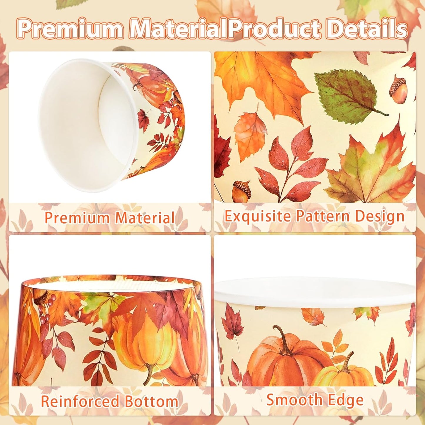 Grencian 120 PCS Fall Paper Cups 12 oz Maple Leaves Pumpkin Snack Bowls Disposable Autumn Thanksgiving Dessert Cups for Fall Thanksgiving Halloween Harvest Party Snacks Candies Party Supplies