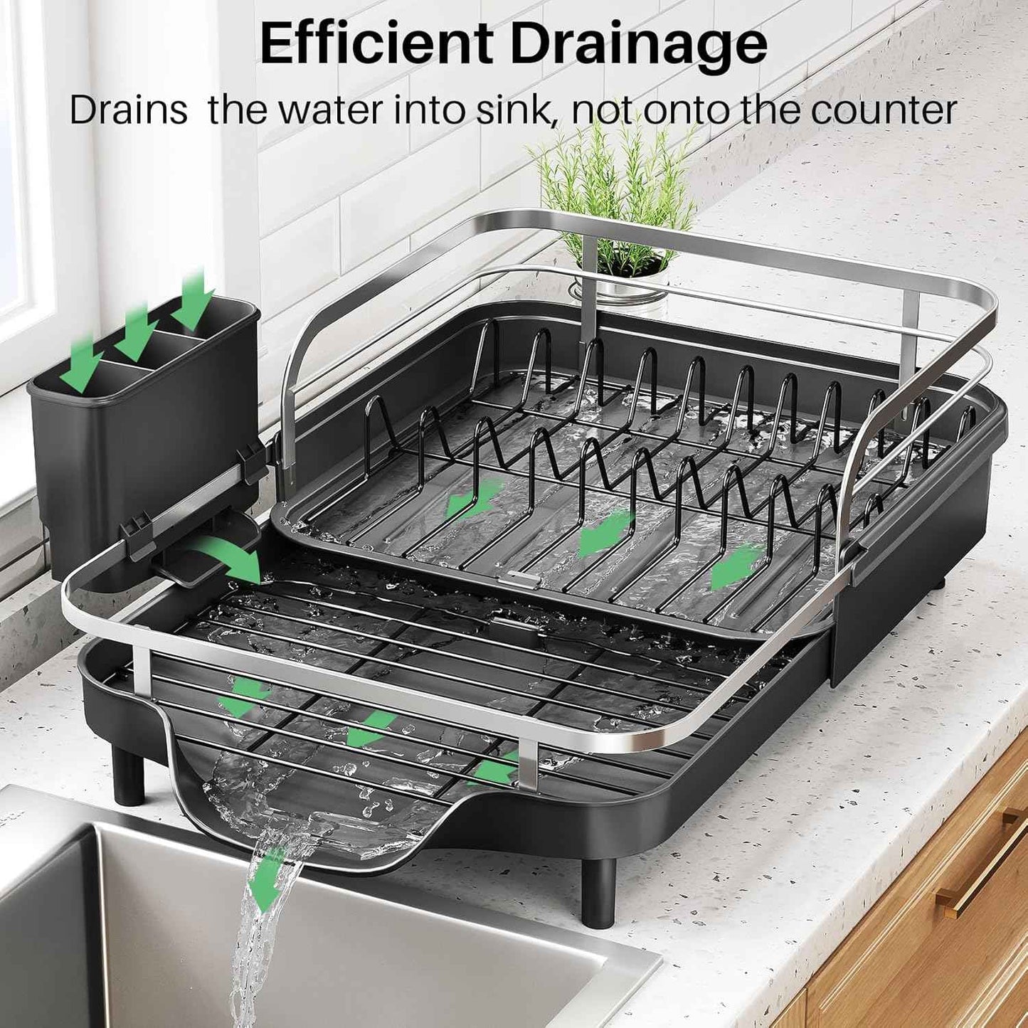 SNTD Dish Drying Rack, Expandable Dish Rack for Kitchen Counter, Stainless Steel Dish Drainer with Drainboard Set and Utensil Holder (Black)