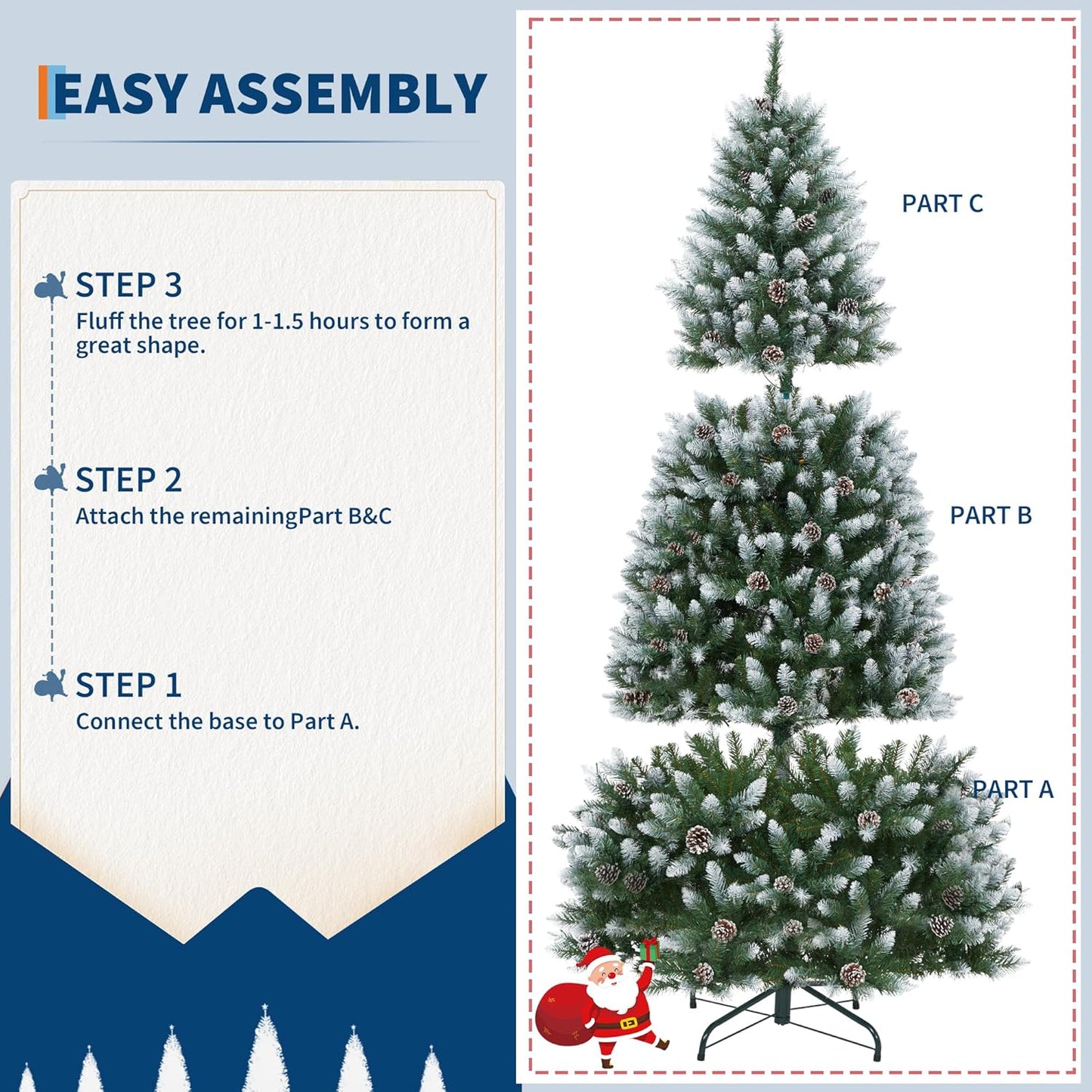 9 ft Christmas Tree, Christmas Decorations with 900 Lights, Pre-lit Artificial Christmas Tree with 1800 Snowy White PVC Branches, Flodable Metal Stand＆Easy Assembly