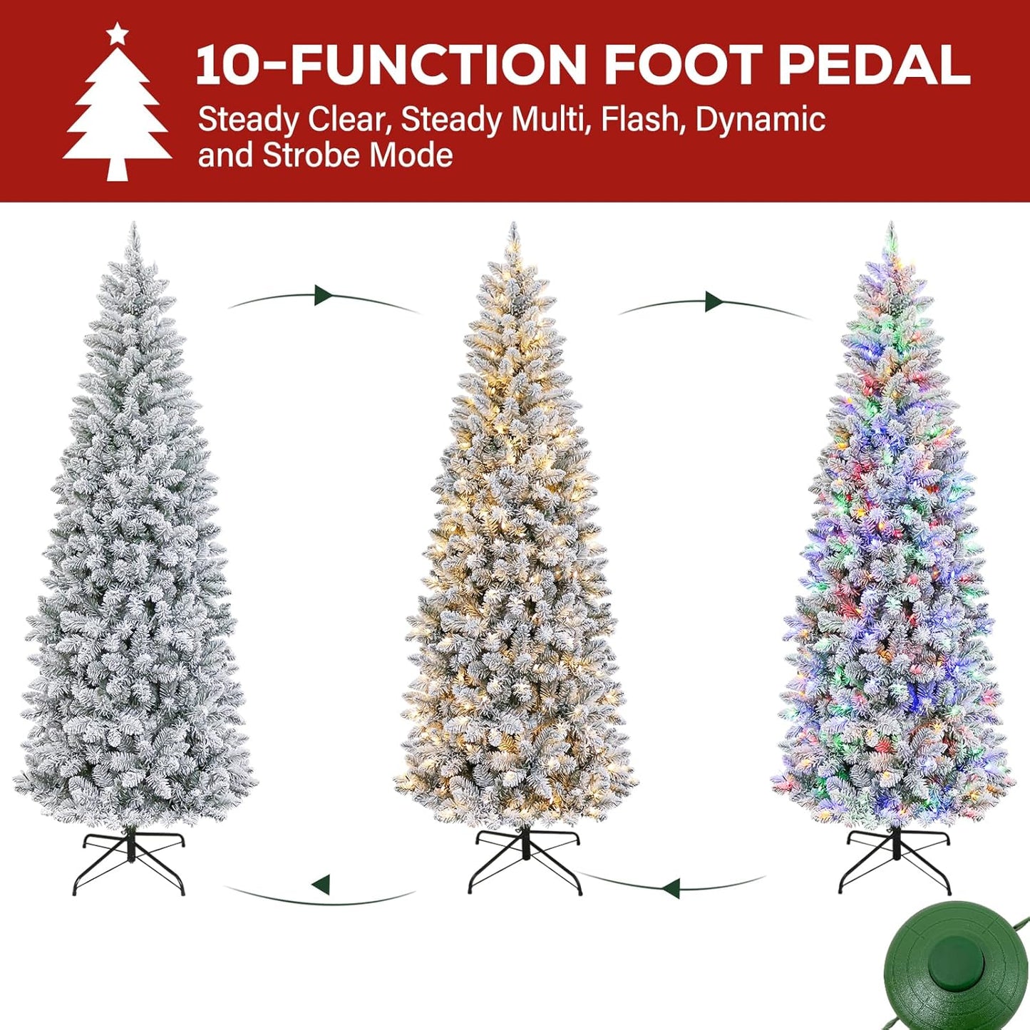 Hykolity 6 ft Prelit Snow Flocked Pencil Slim Christmas Tree, 544 PVC Branch Tips, 200 Color Changing LED Lights, Metal Stand and Hinged Branches, 10 Color Modes