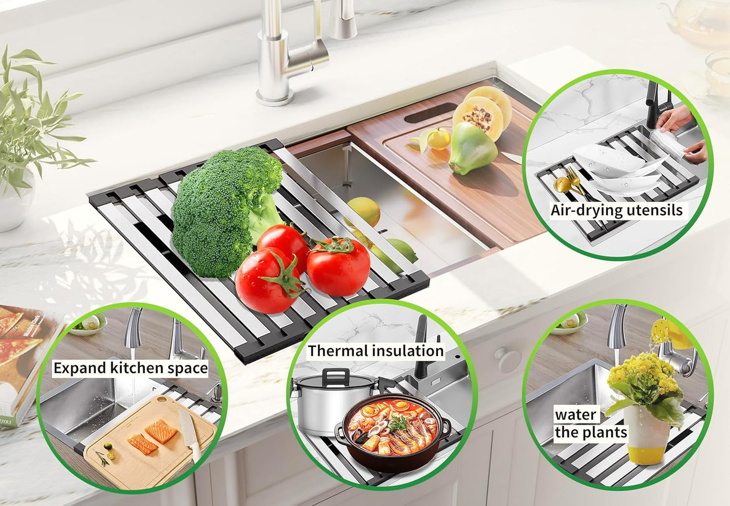 Over The Sink Kitchen Dish Drying Rack Organizer - Stainless Steel Collapsible Non-Slip Space-Saving [19.69 * 12.8IN] - Rust-Resistant Heat-Resistant Sturdy - Easy to Clean