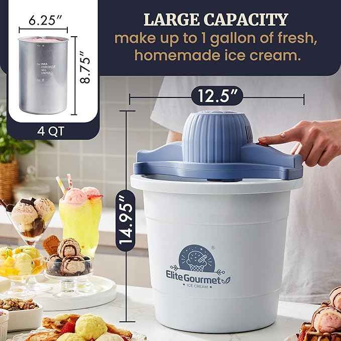 Elite Gourmet 4Qt Electric Ice Cream Maker EIM350X Delicious Homemade Ice Cream, Gelato, Sorbet, Frozen Yogurt, 4Qt Aluminum Freezing Cannister, Durable Plastic Ice Bucket, Powerful 50W, Periwinkle