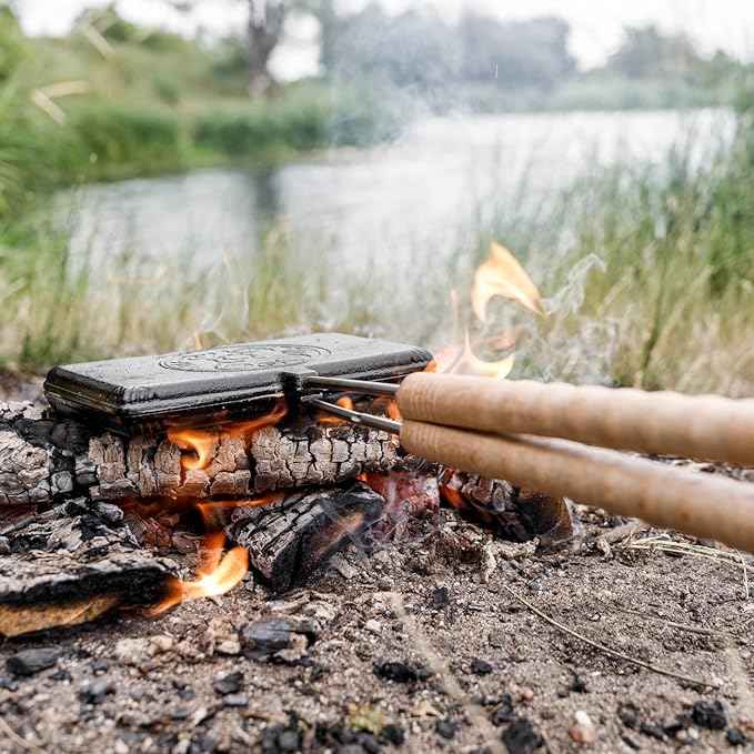 Petromax Hinged Campfire Waffle Iron for Grill or Campsite, Cast Iron with Wooden Handles, 28.3 inches Long