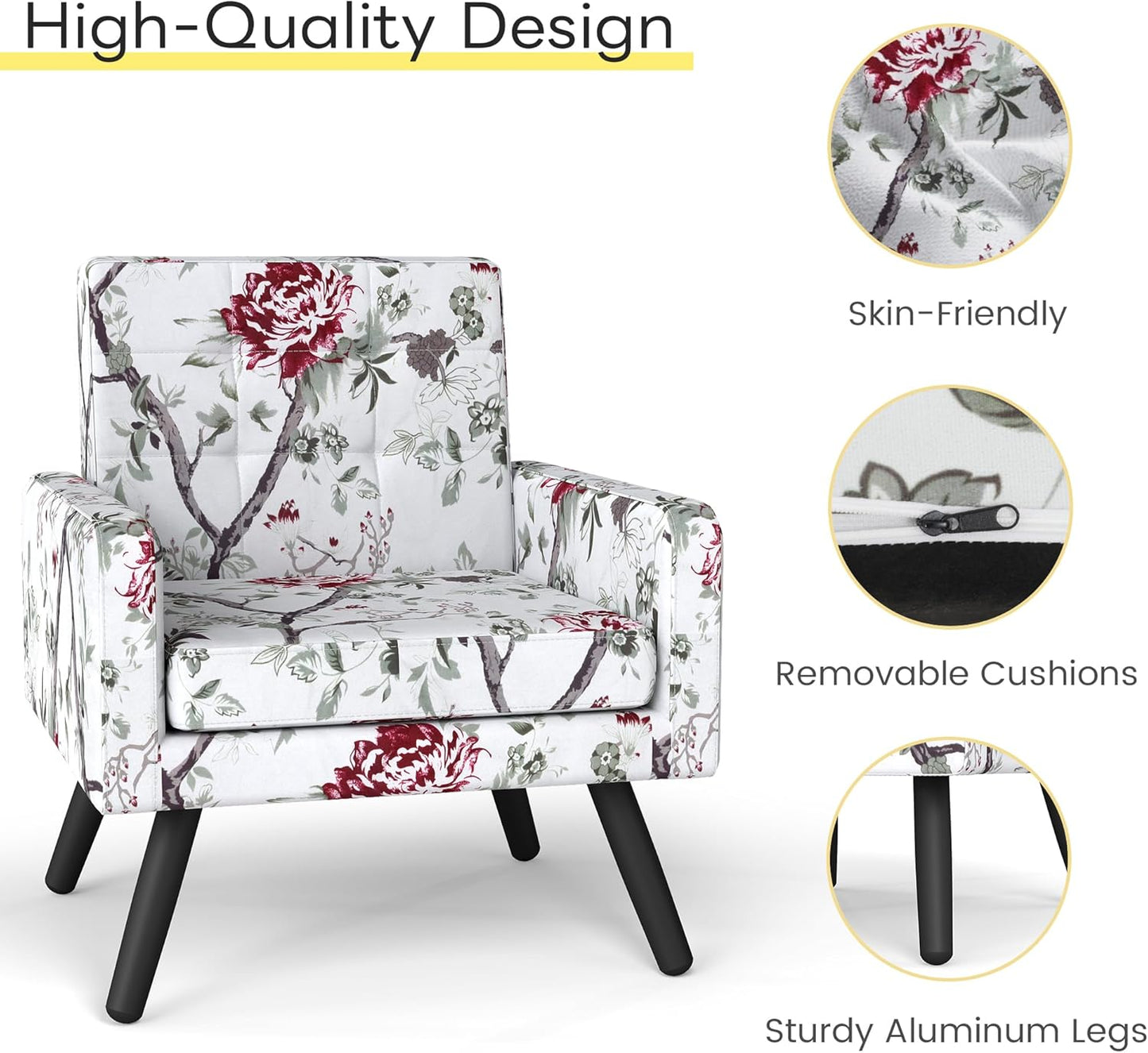 Kromax Mid-Century Modern Accent Chair Set of 2 for Living Room, 496 Lb. Weight Capacity, Dual Armrests, Comfy Extra Large Seat, Timeless Style Perfect for Reading & Relaxing, Red Floral