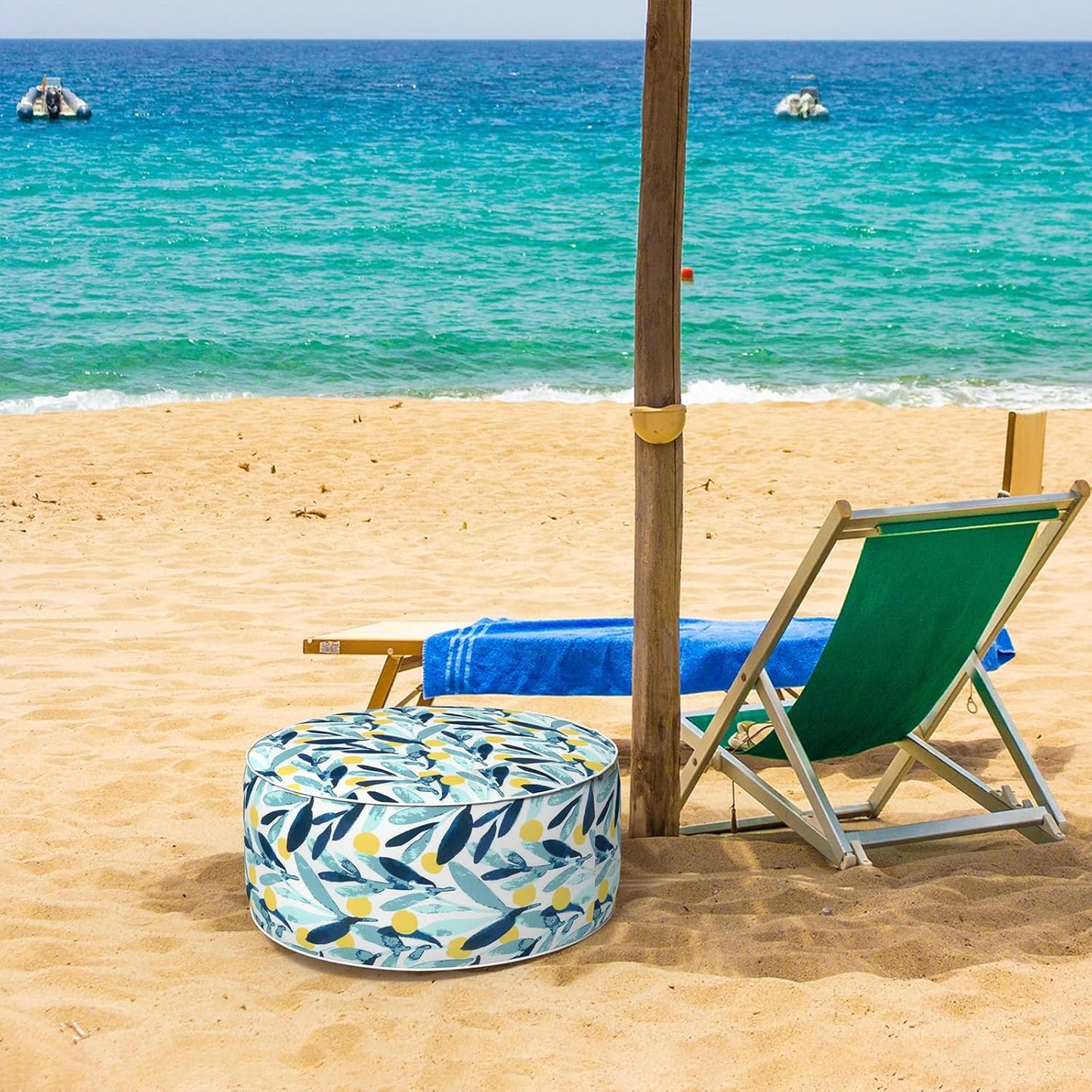 Inflatable Ottoman Stool D21 xH9 for Outdoor/Indoor Use, Water Repellent Patio Foot Rest Stool with Portable Handle,Round Pouf Ottoman Suitable for Garden,Deck and Camping - Leaves Multi