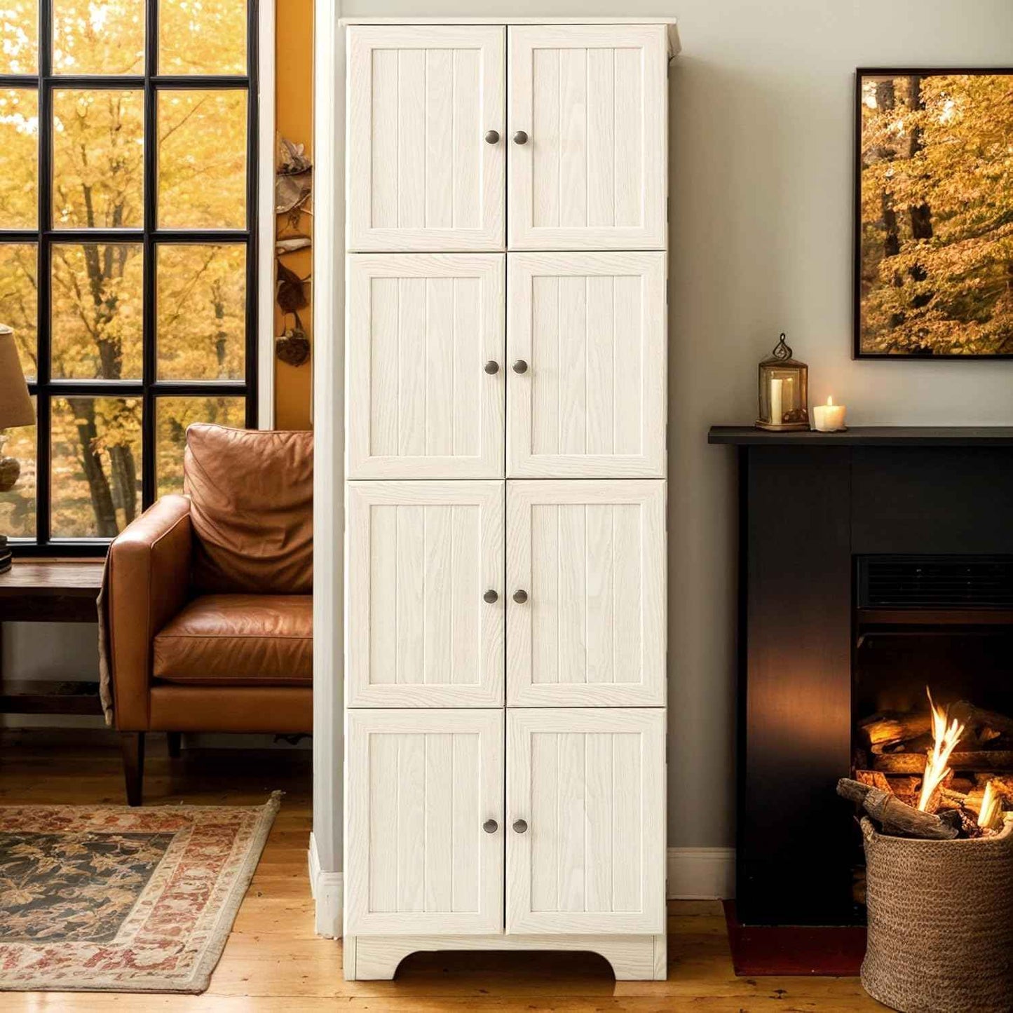 Farmhouse Tall Storage Cabinet with 8 Doors, 72" H Wooden Kitchen Pantry with 4 Shelves, 4-Tier Freestanding Bookshelf, Rack for Living Room (White & Style 2)
