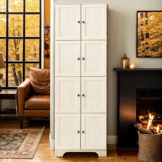 Farmhouse Tall Storage Cabinet with 8 Doors, 72" H Wooden Kitchen Pantry with 4 Shelves, 4-Tier Freestanding Bookshelf, Rack for Living Room (White & Style 2)