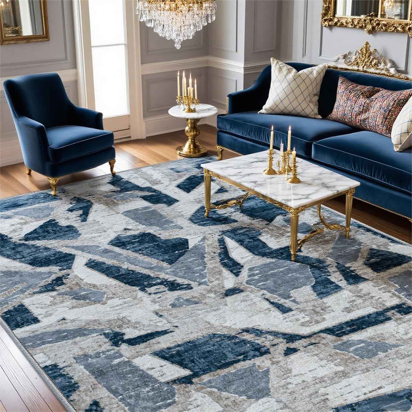Blue 5X7 Area Rugs for Living Room Bedroom,Modern Abstract Large Carpet Washable Rugs 5X7 for Dining Room Office,Non Slip Print Faux Wool Thin 5 by 7 Indoor Nursery Kids Home Pet & Child Friendly