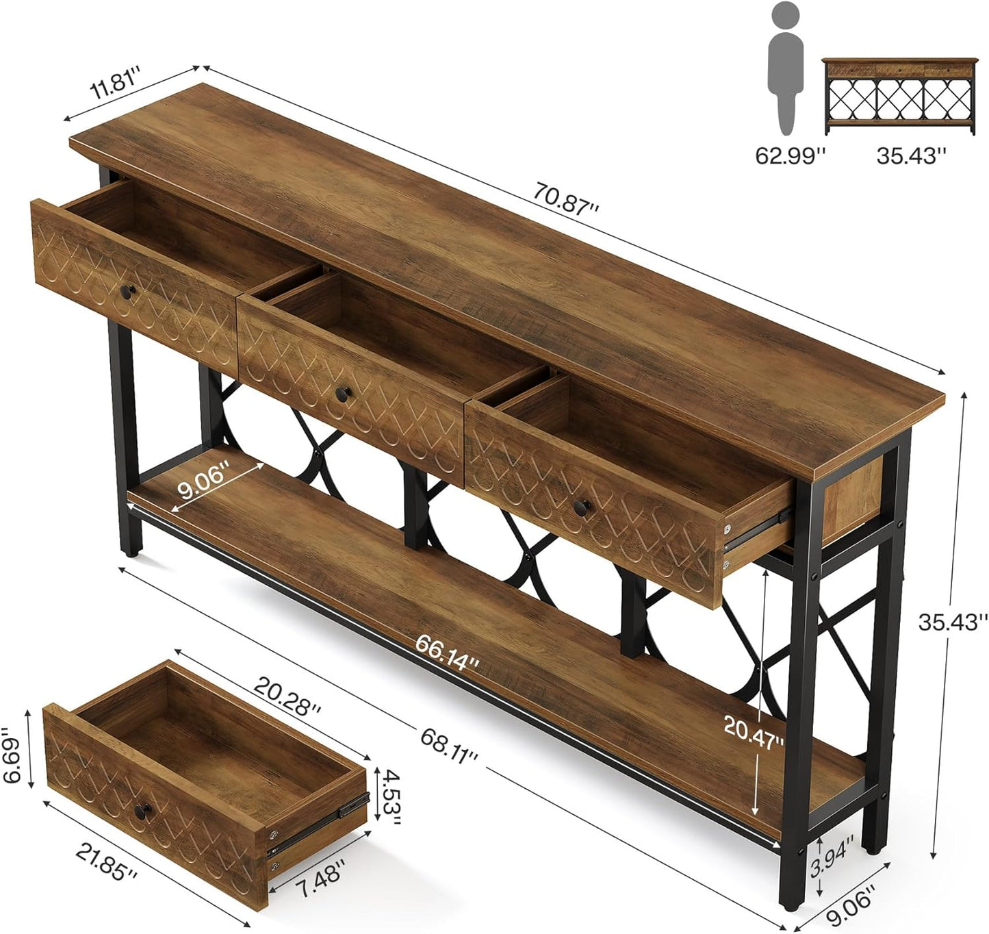 Tribesigns 70.86" Extra Long Console Sofa Table with 3 Drawers, Industrial 2-Tier Narrow Entryway Table Behind The Couch for Living Room, Entryway, Hallway
