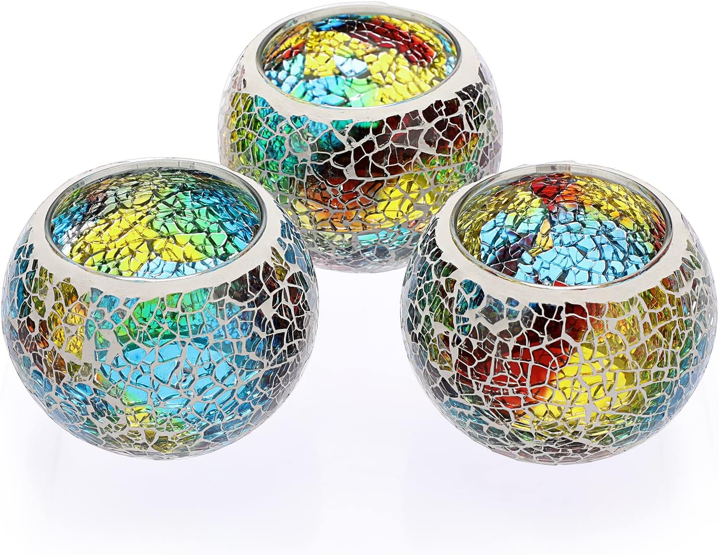 OwnMy Set of 3 Colorful Mosaic Glass Tea Light Holders Round Bowl Votive Candle Holders Pillar Candle Stands, Glass Mosaic Tealight Holders Potted Plant Bowl Vase Candle Centerpiece for Table Wedding