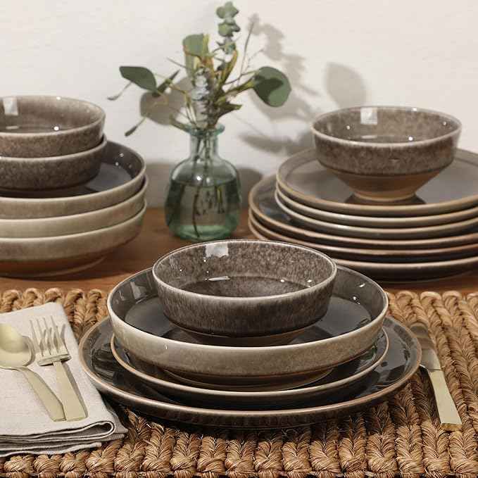 Gibson Elite Hailstone 16 Piece Stoneware Reactive Glaze (Service for 4) Ceramic Plates and Bowls Dinnerware Set - Black