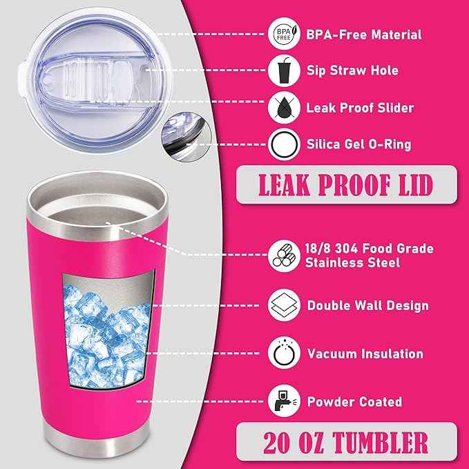20 oz Tumbler Coffee Travel Tumblers Bulk with Lid Stainless Steel Double Wall Vacuum Insulated Mug Powder Coated Cups fit Car Cupholder for Hot and Cold - Hot Pink, 8Pack