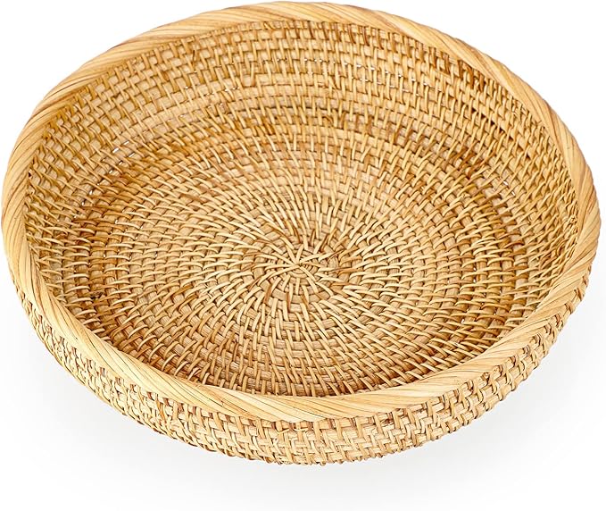 Hipiwe 9.9" Round Key Basket Bowl for Entryway Table Wicker Storage Basket Woven Keys Bowl Holder Crackers Fruit Candy Serving Tray Rattan Organizer Basket for Remote Control Wallet Cell Phone