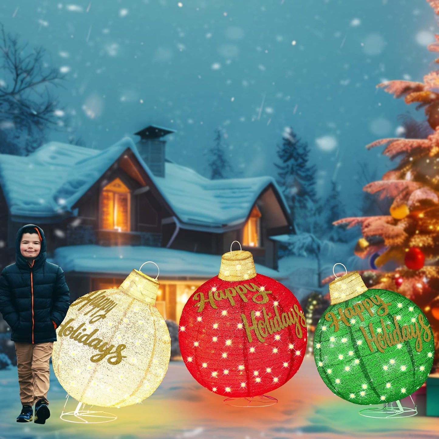 3Pcs 3FT Lighted Christmas Ornament Set Expandable Outdoor, Indoor Holiday Decor with 290 LED Lights, Easy Assembly & Weatherproof, Red & Green & Gold Light-Up Ball for Yard, Garden, Storefront.
