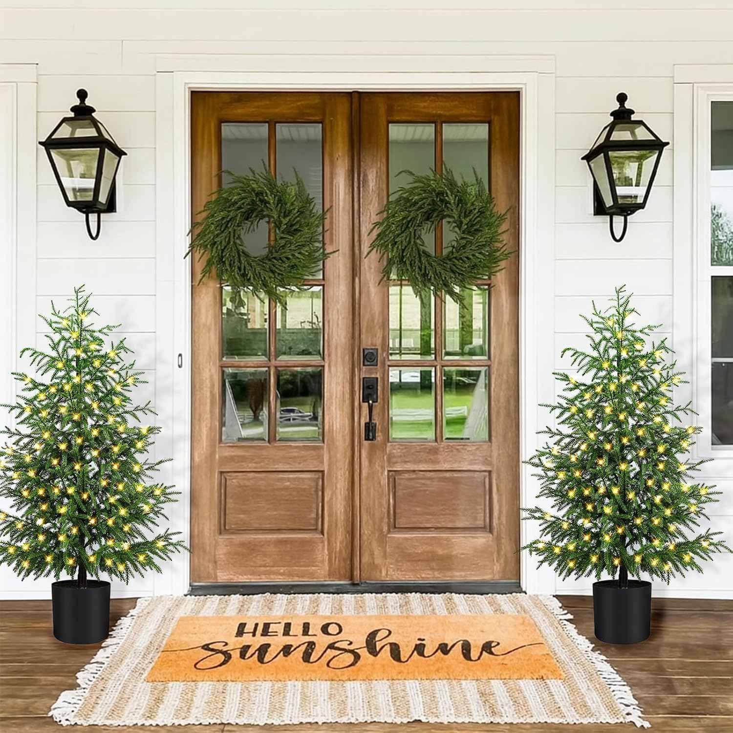 ENVEN 4FT Pre-Lit Artificial Norfolk Pine Christmas Tree – Realistic Potted Tree with 100 LED Lights & 8-Function Battery Box, Pre-Assembled Faux Holiday Décor for Indoor Use (2)