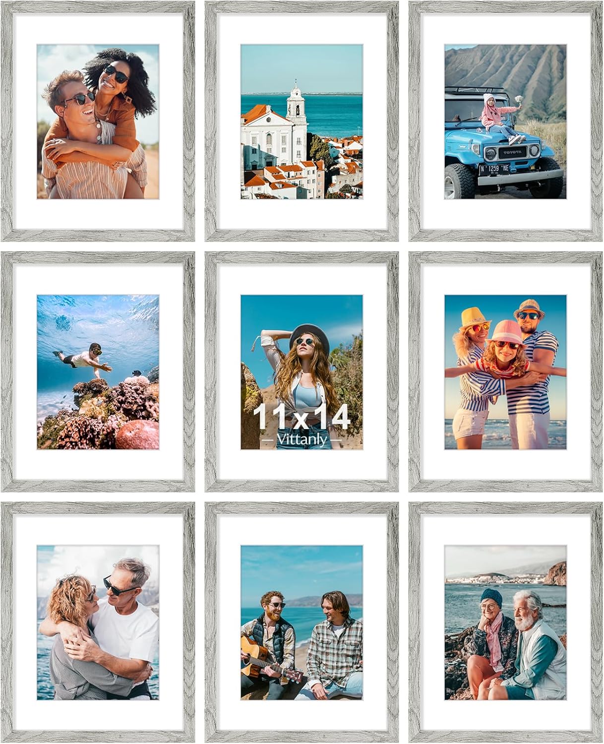Vittanly 11x14 Picture Frames Set of 9, Shatter Resistant Plexiglass, Display 8x10 Pictures with Mat or 11x14 without Mat, Photo Frames for Wall or Tabletop, Engineered Wood, Grey