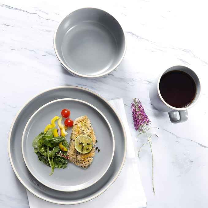 Gibson Home Zuma 16 Piece Round Kitchen Dinnerware Set, Dishes, Plates, Bowls, Mugs, Service for 4, Matte Stoneware, Grey, Gray