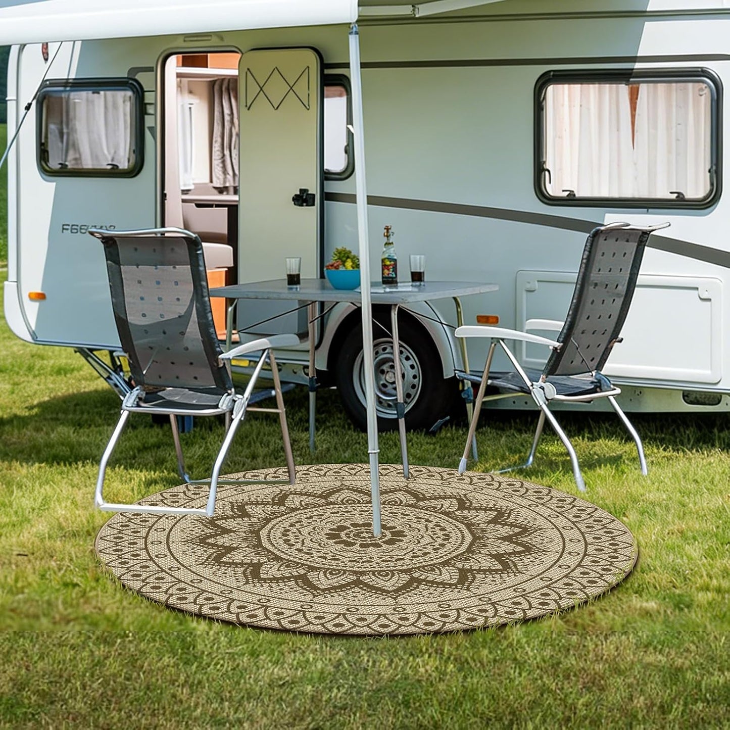 Easy Jute Outdoor Round Rug, 5ft Washable Indoor Outdoor Patio Rug, Brown Non Slip Round Area Rug Farmhouse, Boho Carpet for Backyard Patio