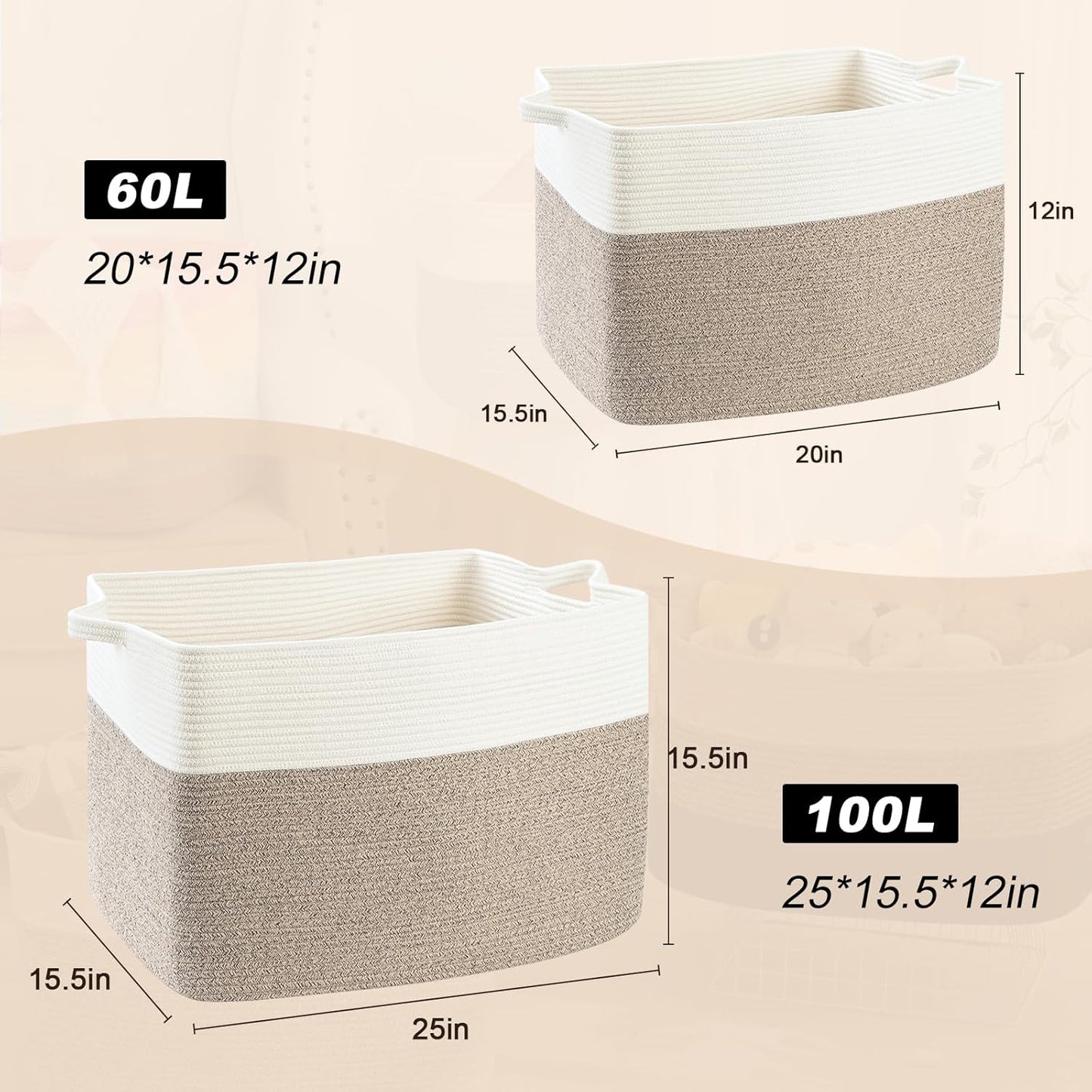 Large Blanket Basket, 60L Storage Baskets for Organizing, Woven Laundry Basket for Blankets, Cotton rope Blanket Storage for Living Room, Nursery Room, 19.7" L x 15.74" W x 11.8" H, Brown