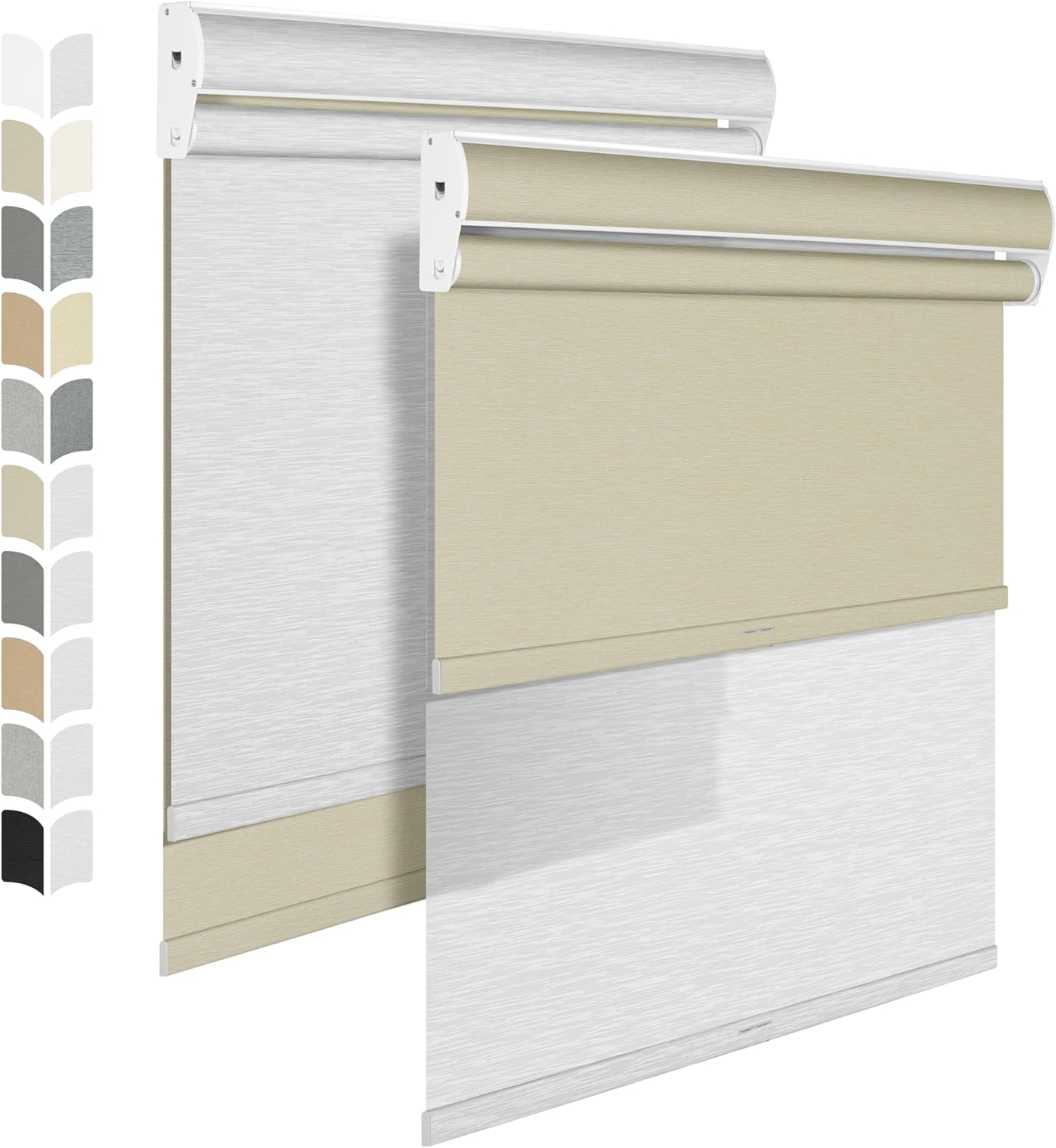 BERISSA Cordless Double Roller Shades with Valance, Blackout and Light Filtering - Day and Night Shades for Home Office Door. Beige and White. 43 W x 56" H