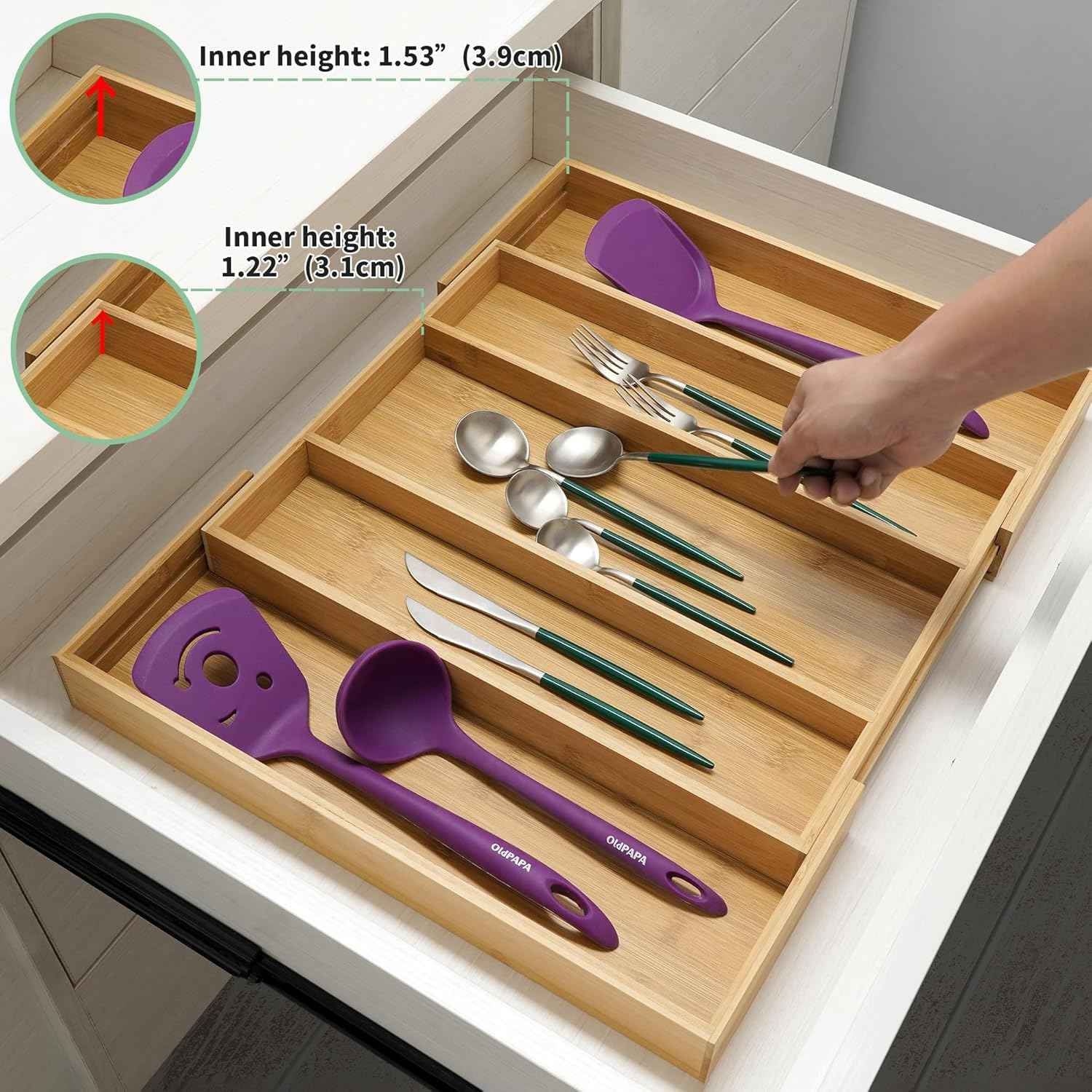 Utoplike Bamboo Expandable Kitchen Drawer Organizer, Adjustable Utensil Holder and Cutlery Tray Organiser, Drawer Divider for Silverware, Flatware, Knives in Kitchen, Bedroom, Living Room, 5 Slot