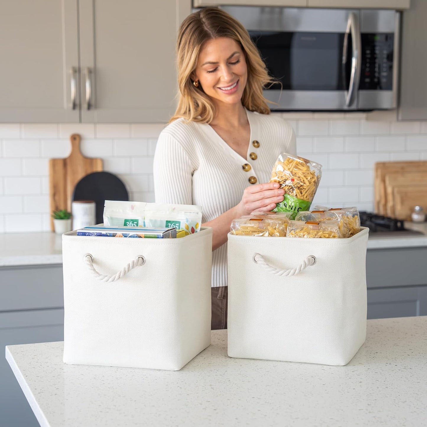 OrganiHaus 12x12 Cube Storage Bins 4 Pack, Foldable Cube Storage Organizer w/ Rope Handles, Collapsible Fabric Bins for Toys, Clothes & Closet Organization, Fabric Square Baskets - Off-White