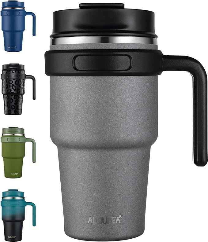 20 oz Insulated Coffee Mug Tumbler with Handle, Stainless Steel Travel Mug Tumbler with Lid and Straw, Double Wall Vacuum Leak Proof Ice Coffee Thermal Cup, Gray