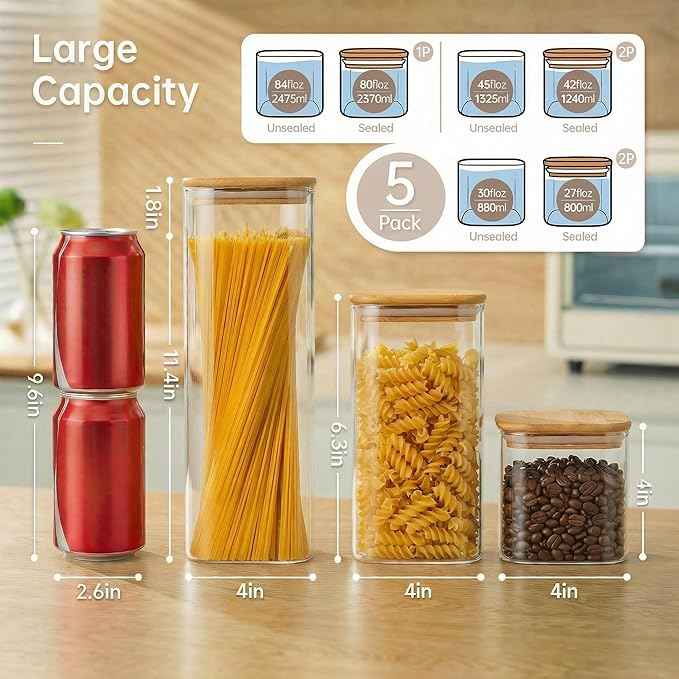 Multi Size - 5 Pack Square Glass Jars with Bamboo Lids, Glass Food Storage Containers with Airtight Lids for Kitchen, Air Tight Pantry Storage Containers for Cereal, Pasta, Rice, Sugar, Coffee, Spice