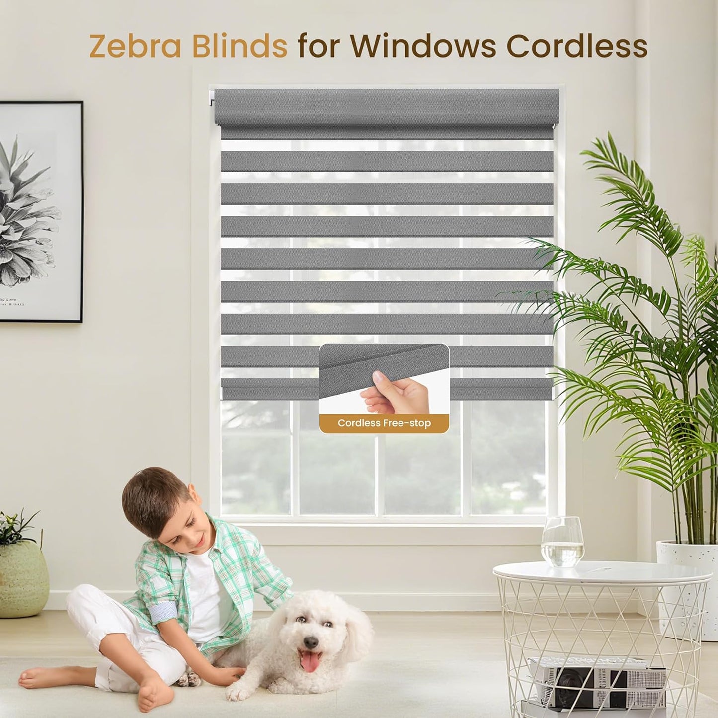 Grandekor No Drill Cordless Zebra Blinds, Dual Layer Light Filtering Day & Night Roller Shades, Inside Mount Free-Stop Privacy Window Shades for Home, Easy Install(35" W x 64" H, Grey)