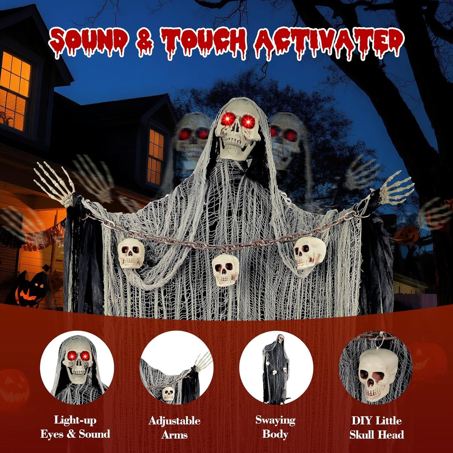 Outdoor Halloween Decorations, 71" Halloween Animatronics Decor Led Light Eyes Sound&Touch Activated Scary Haunted House Decor with Spooky Sound Adjustable Arm for Party Yard Lawn Outdoor Indoor