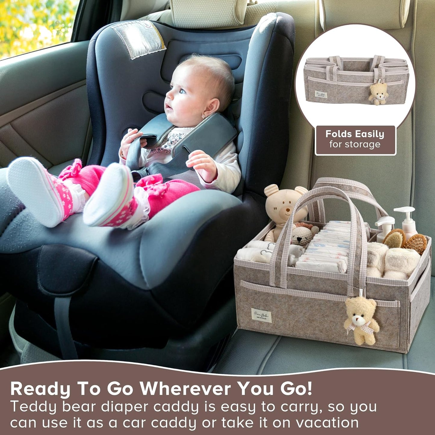 PeraBella XL Diaper Caddy Organizer With Handle, Baby Shower Gifts Basket Bag, Registry Search Must Haves Items, Newborn Girl Boy Nursery Storage Organizer, Baby Bag Essentials, Car Diaper Caddy Cart