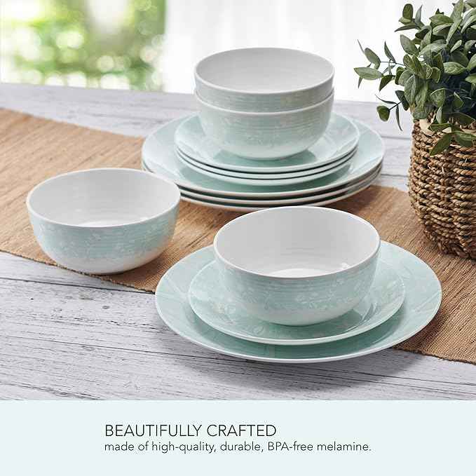 Pfaltzgraff Venice 12 Piece Outdoor Melamine Dinnerware Set, Service for 4,Teal